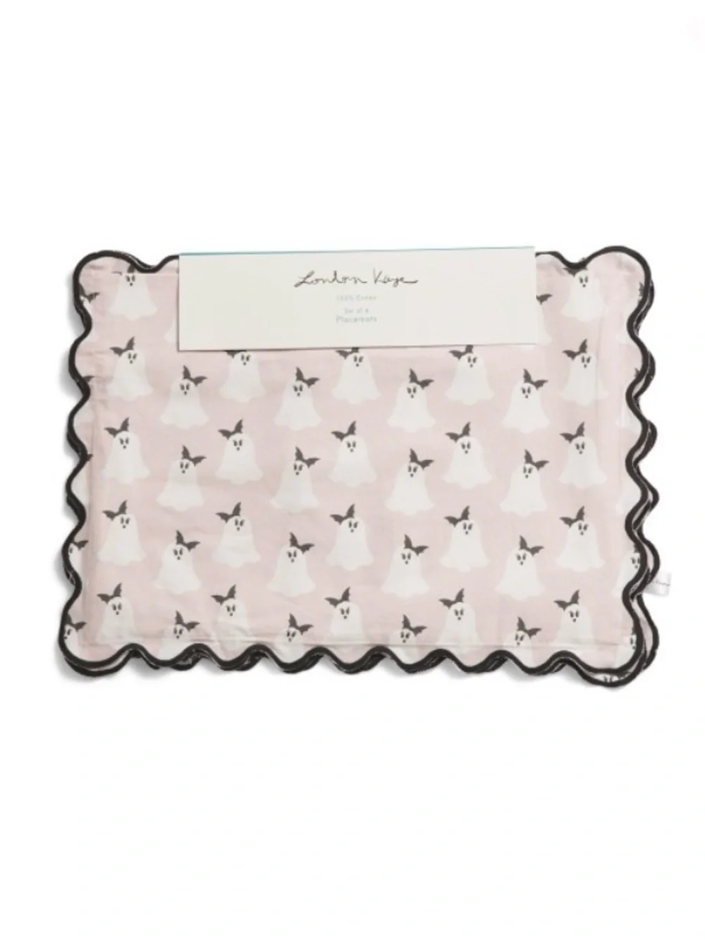 LONDON KAYE Set Of 4 Pretty Pink Ghost Placemats With Scalloped Borders NWTS